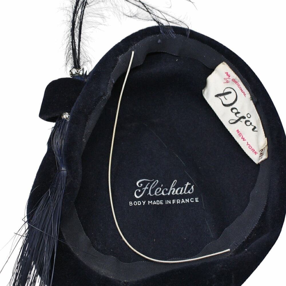 Vintage 40s 50s Tilt Hat Original by Dajon Blue Velvet w Feathers - Hey Viv - Picture 6 of 7
